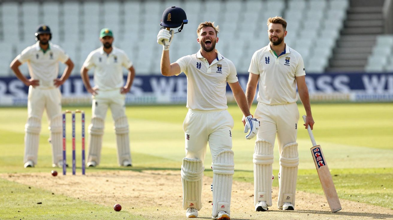 Jogadores de críquete celebram conquista em campo durante partida com público vazio ao fundo.