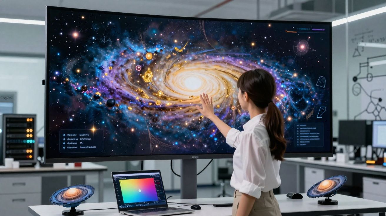 Mulher interagindo com tela grande que exibe sistema solar e galáxia em laboratório moderno.