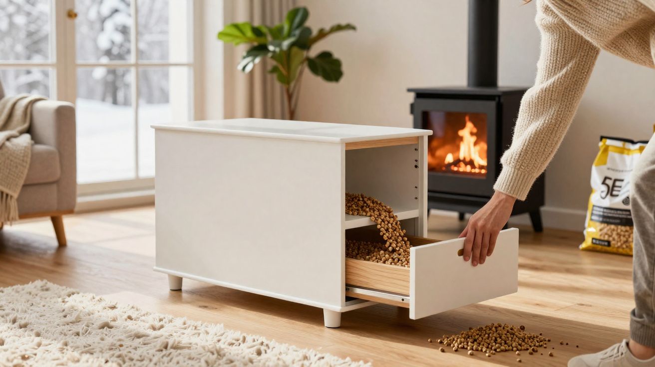 Pessoa enchendo comedouro para pet em móvel branco próximo a lareira acesa em sala aconchegante.