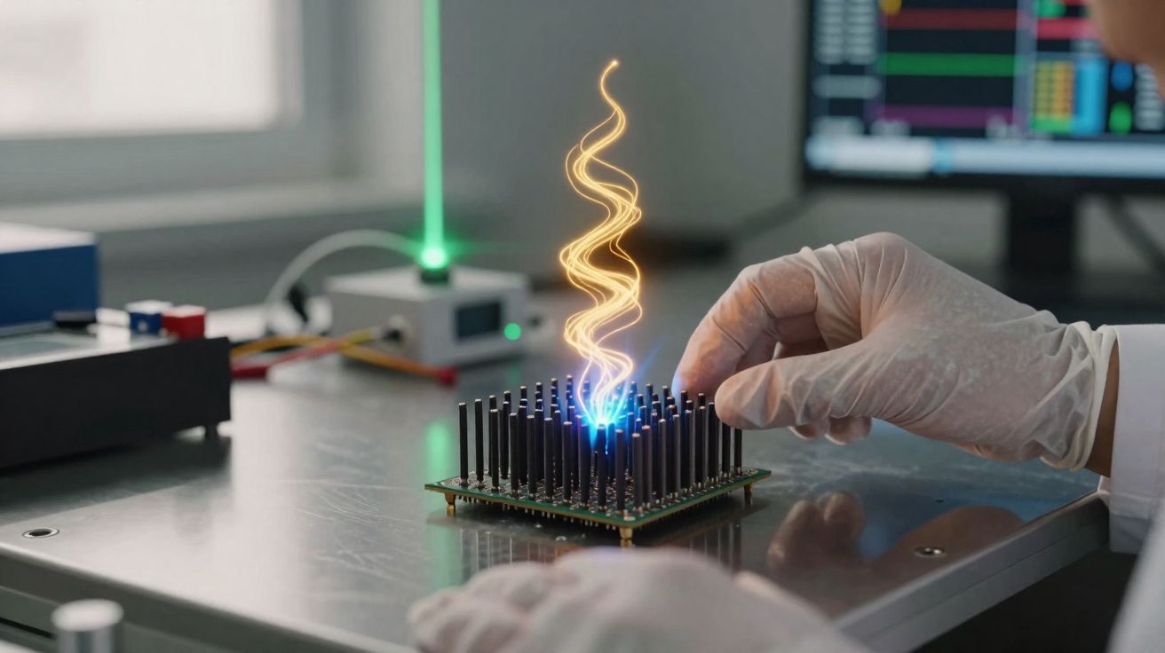 Mão com luva manipulando chip com efeito de energia luminosa em laboratório tecnológico.