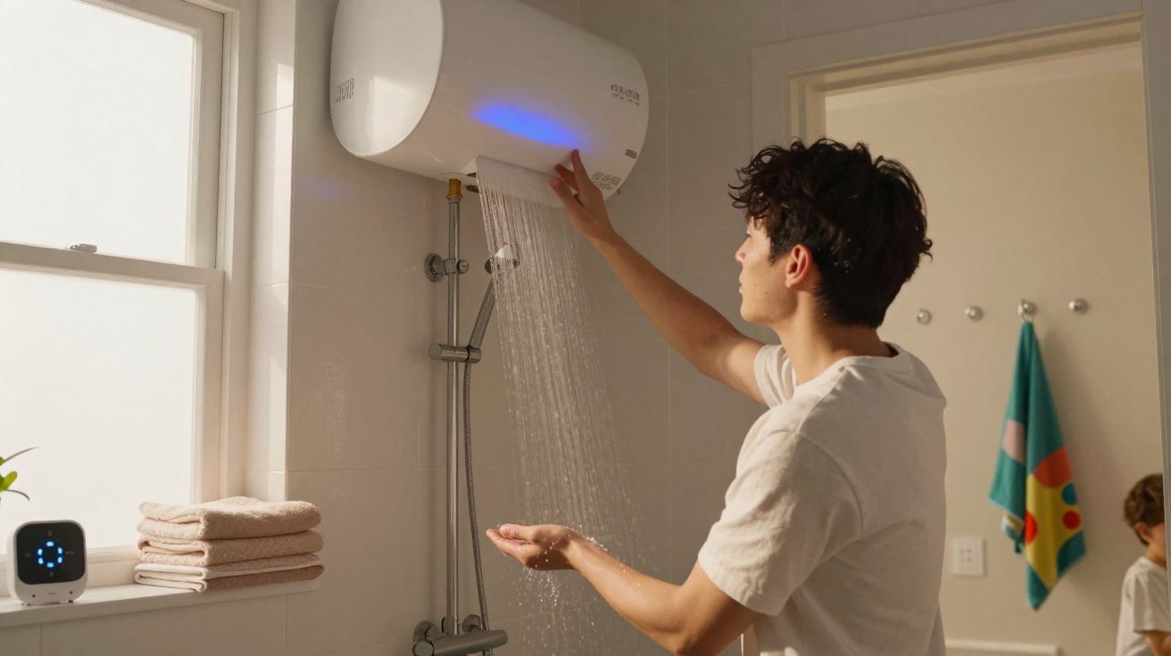 Homem ajusta chuveiro elétrico em banheiro branco iluminado por janela com toalhas empilhadas.