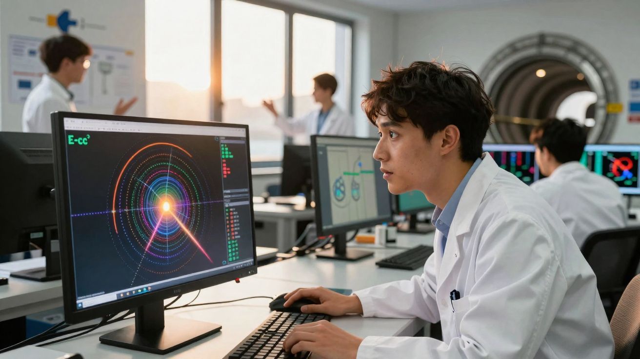 Jovem cientista em laboratório analisando dados científicos em computadores com visualizações gráficas coloridas.