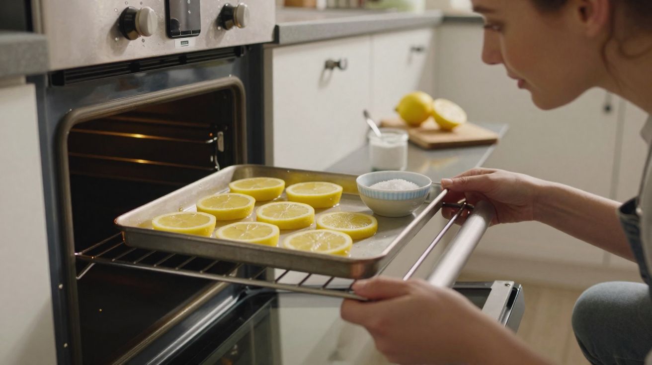 Pessoa colocando bandeja com rodelas de limão em forno aberto na cozinha.
