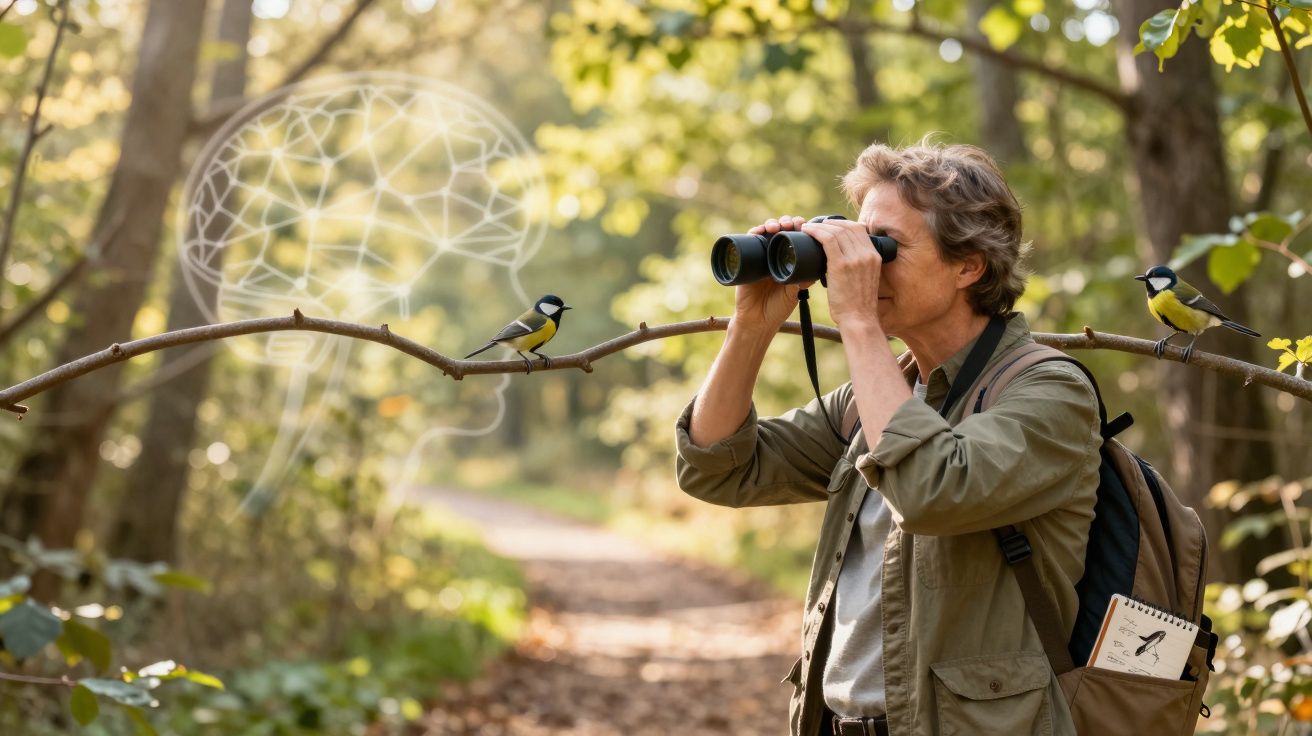 Pessoa observando pássaros com binóculos na floresta, com ilustração de cérebro ao fundo.