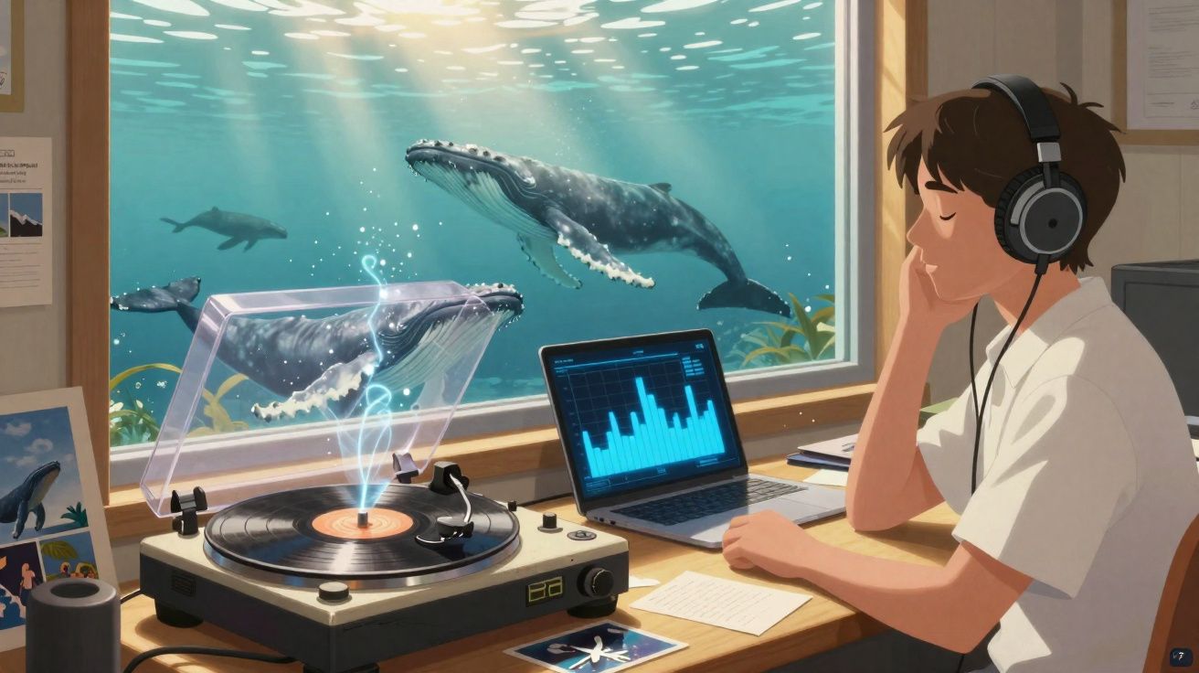 Jovem ouvindo música no computador enquanto observa baleias nadando através da janela submarina.