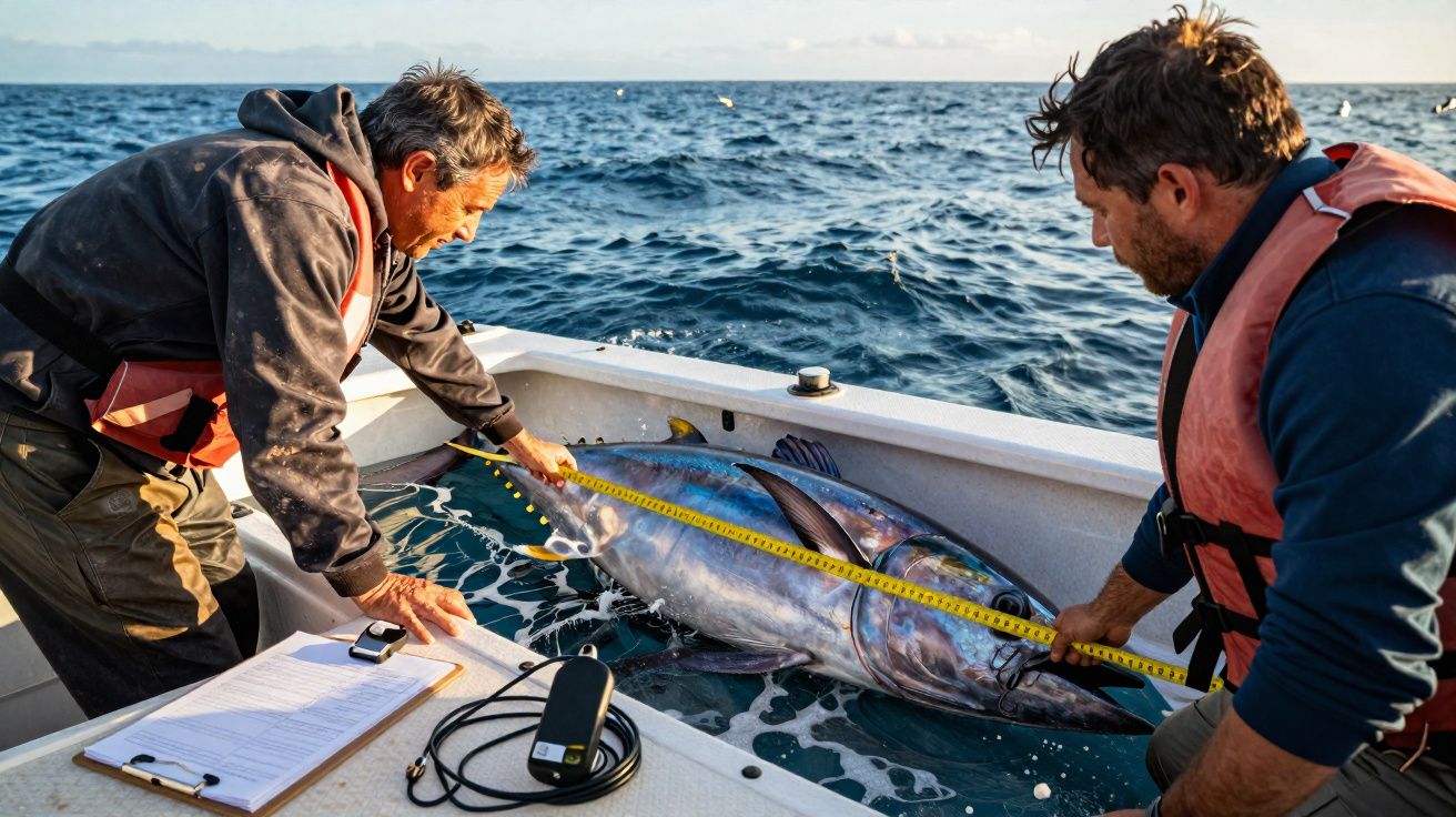 Dois pescadores medem um atum grande em um barco no mar durante o dia.