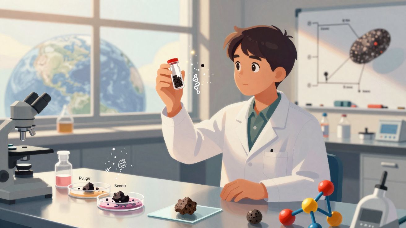 Cientista jovem em laboratório examinando amostra de fragmento de asteroide em frasco transparente.