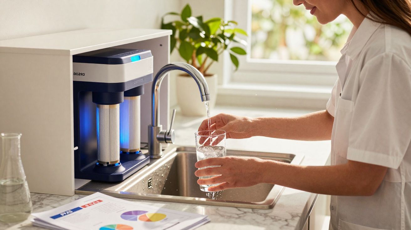 Mulher enche copo com água potável de purificador em cozinha clara e moderna.