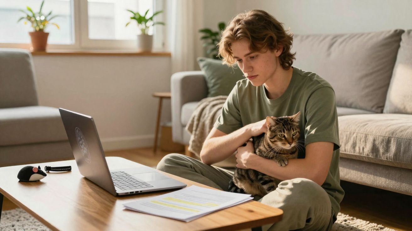 Jovem sentado no chão da sala, segurando um gato e olhando para um laptop sobre a mesa.