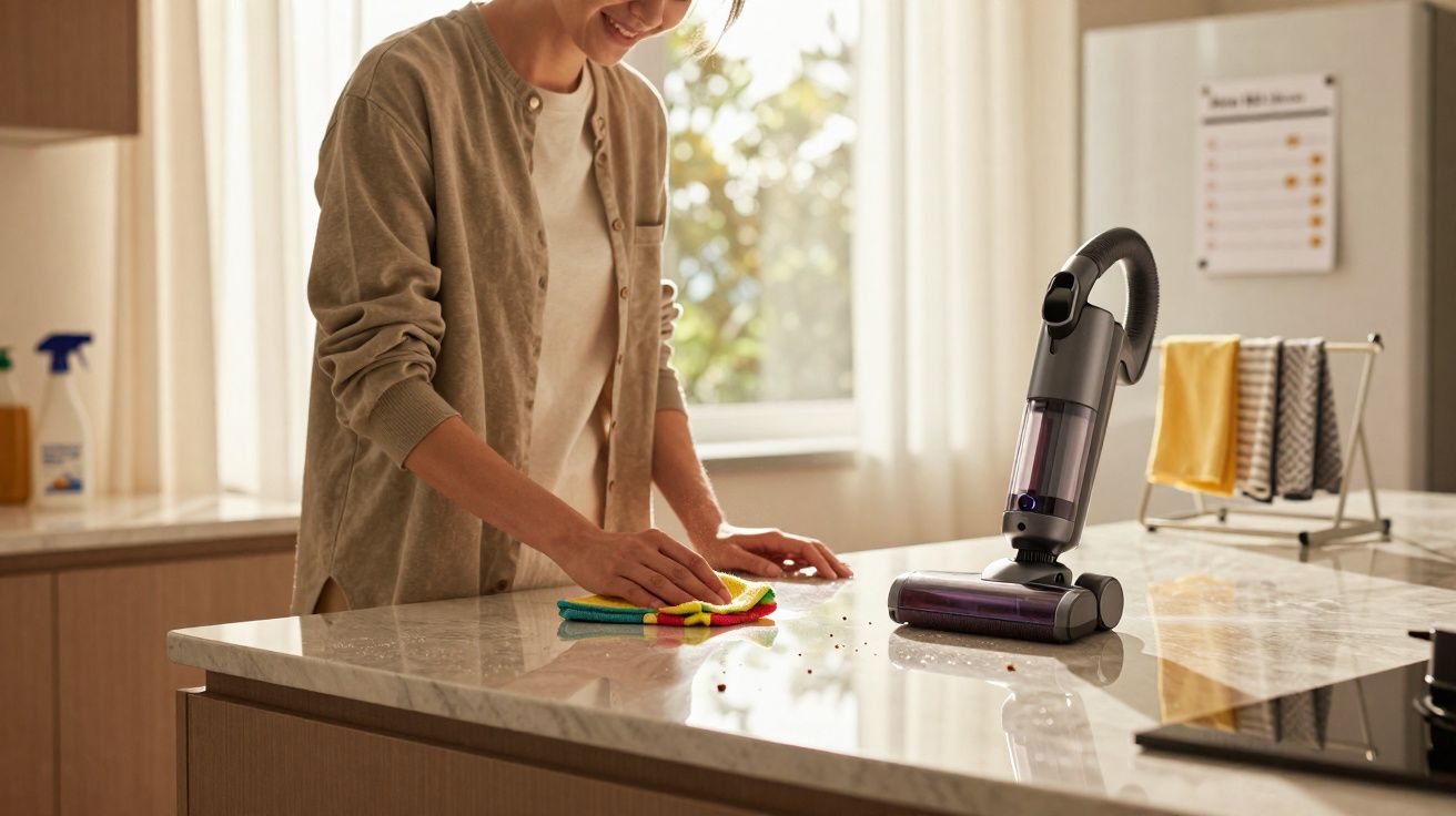 Pessoa limpando bancada da cozinha com pano colorido e aspirador sem fio ao lado em ambiente iluminado.
