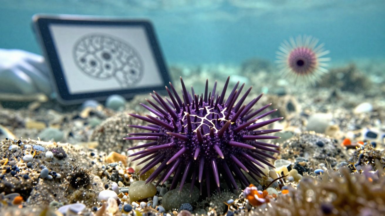 Ouriço-do-mar roxo no fundo do oceano com areia, conchas e dispositivo eletrônico embaçado ao fundo.