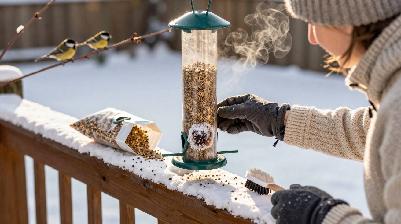 Pessoa com roupa de inverno limpando com escova comedouro de pássaros em varanda com neve e dois pássaros.