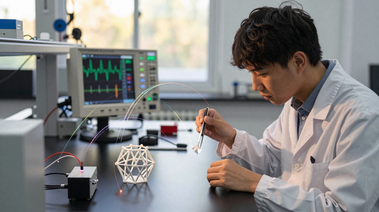 Cientista em laboratório manuseando equipamento tecnológico ao lado de dispositivo eletrônico e monitor ligado.