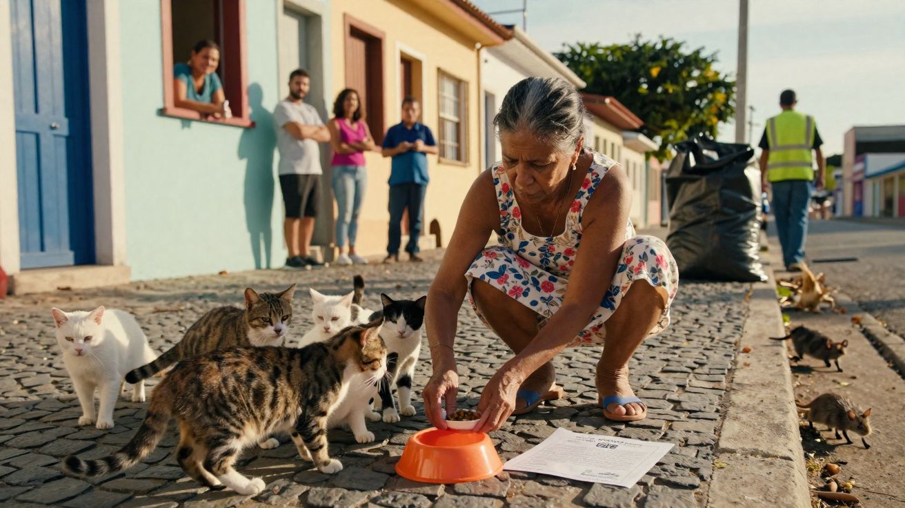 Mulher alimenta vários gatos na calçada de rua com pessoas observando ao fundo em bairro residencial.