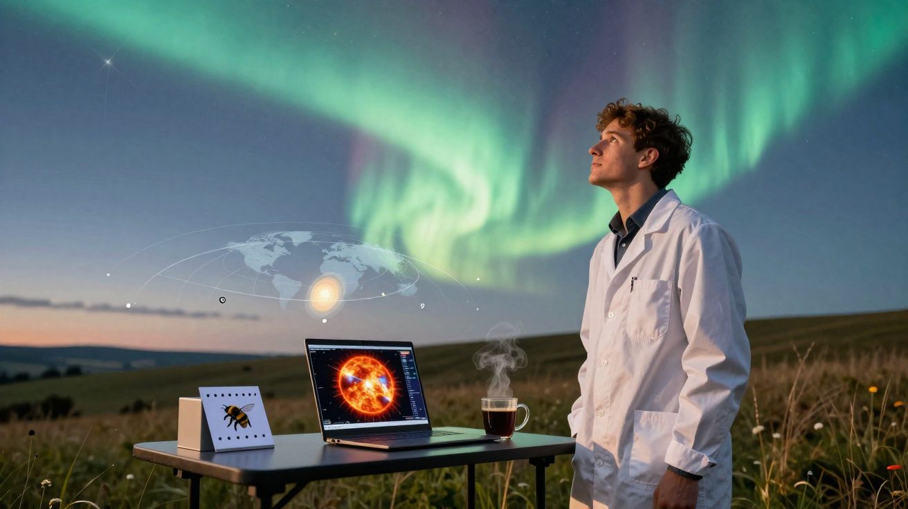 Homem com jaleco observa aurora boreal ao lado de mesa com laptop e café em campo aberto ao entardecer.
