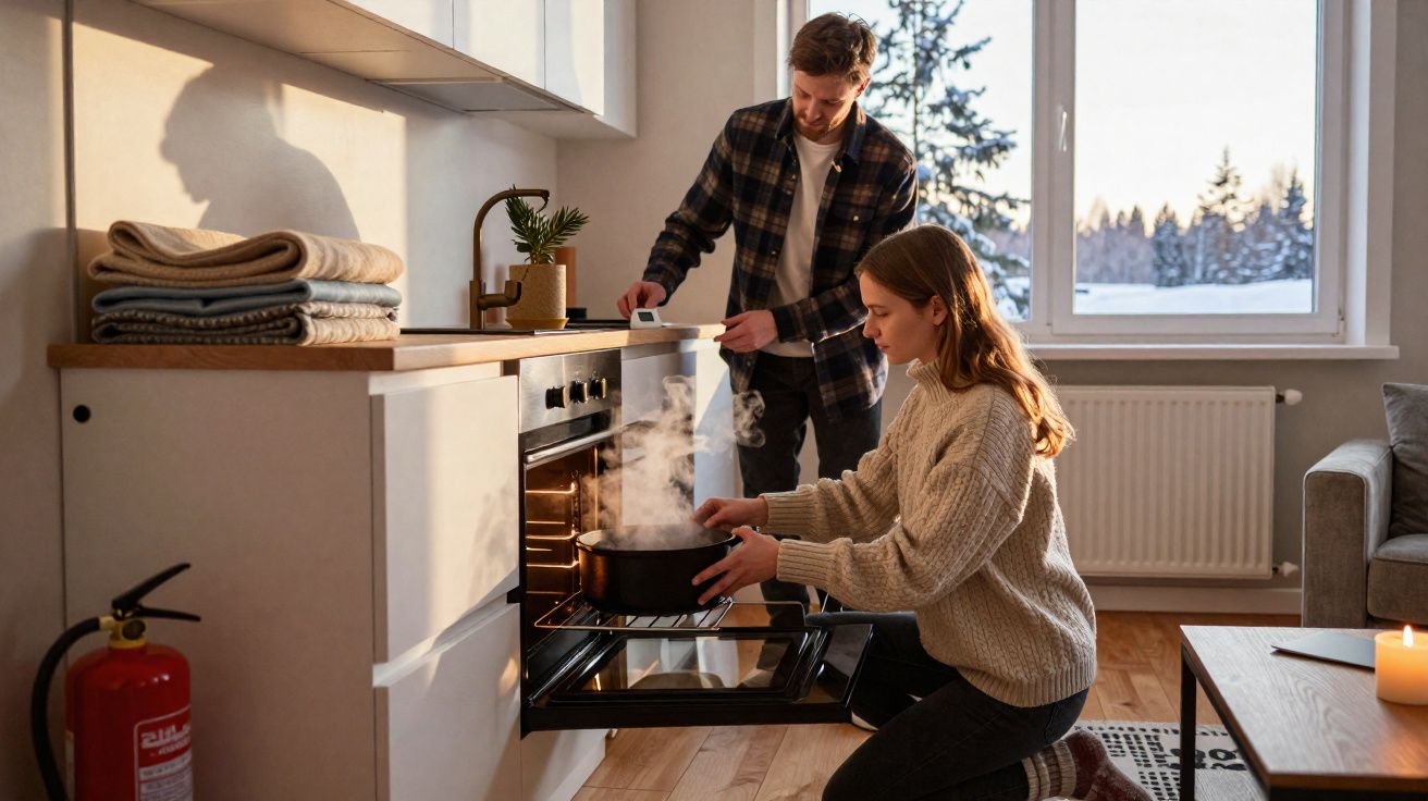 Casal cozinhando junto em cozinha moderna, retirando panela fumegante do forno.