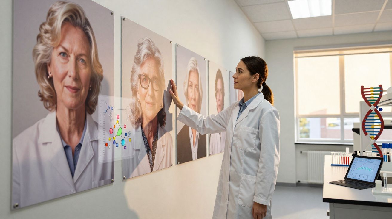 Mulher cientista em laboratório observando fotos de mulheres mais velhas em paredes com gráficos científicos.