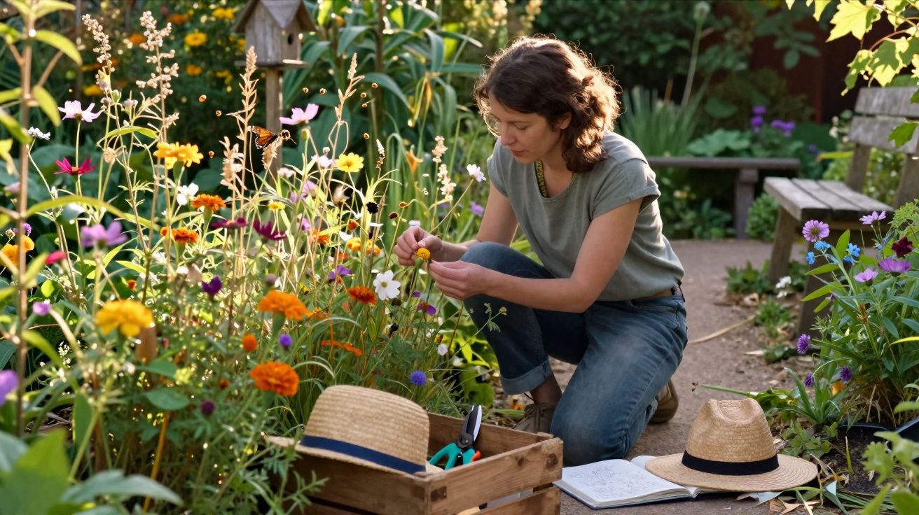 Mulher cuidando flores em jardim, agachada com chapéus, tesoura e caderno ao lado.