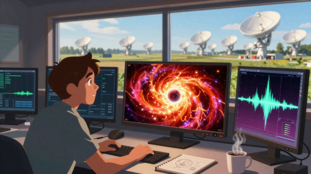 Pessoa jovem observando dados astronômicos em computador, com antenas parabólicas ao fundo.