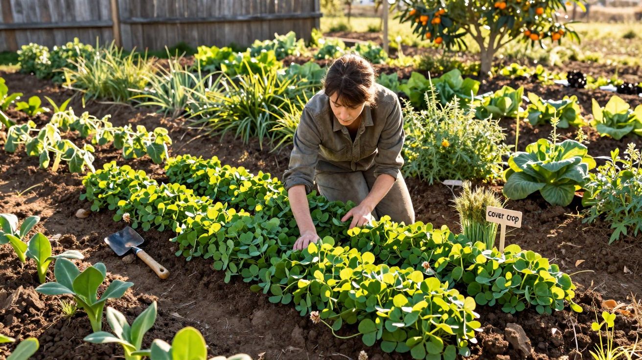 Mulher cuidando de plantas em jardim orgânico com várias hortaliças e placa "cover crop".