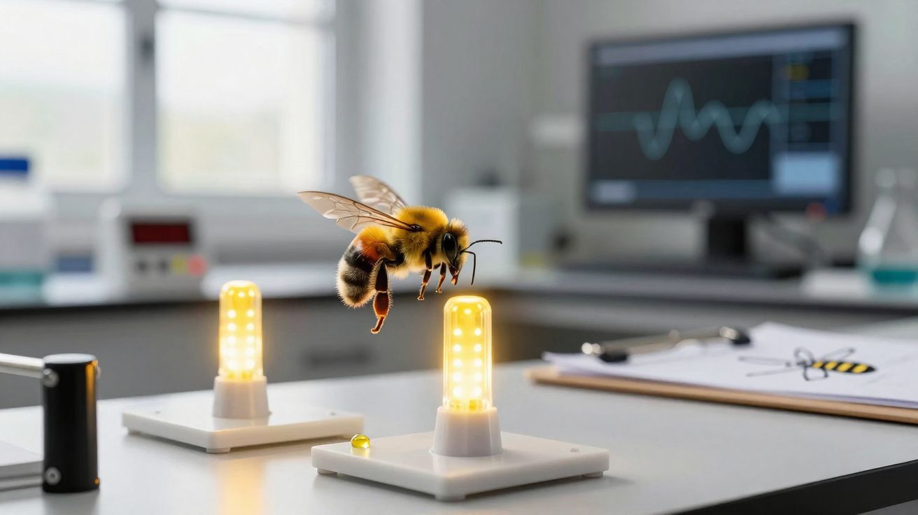Abelha voando próxima a pequenas luzes LED em mesa de laboratório com monitor ao fundo.
