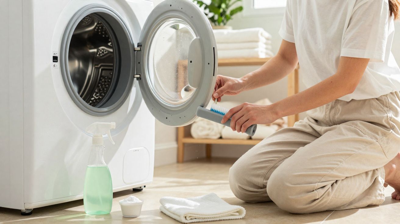 Pessoa limpando a porta de uma máquina de lavar branca com escova, ao lado de panos e spray de limpeza.