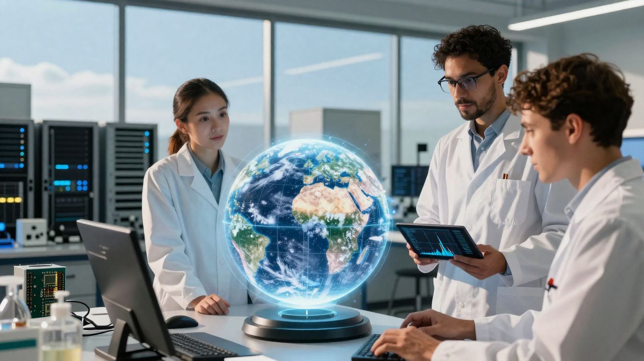 Três cientistas em laboratório analisando globo terrestre digital holográfico em mesa com computadores.