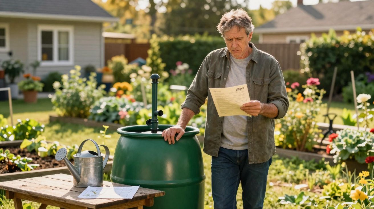 Homem lendo instruções ao lado de barril verde e regador em jardim com flores e plantas.