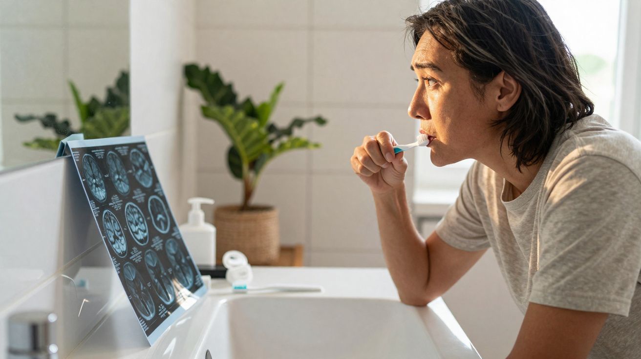 Homem escovando os dentes em frente a um espelho com imagens de exames de cérebro apoiadas.
