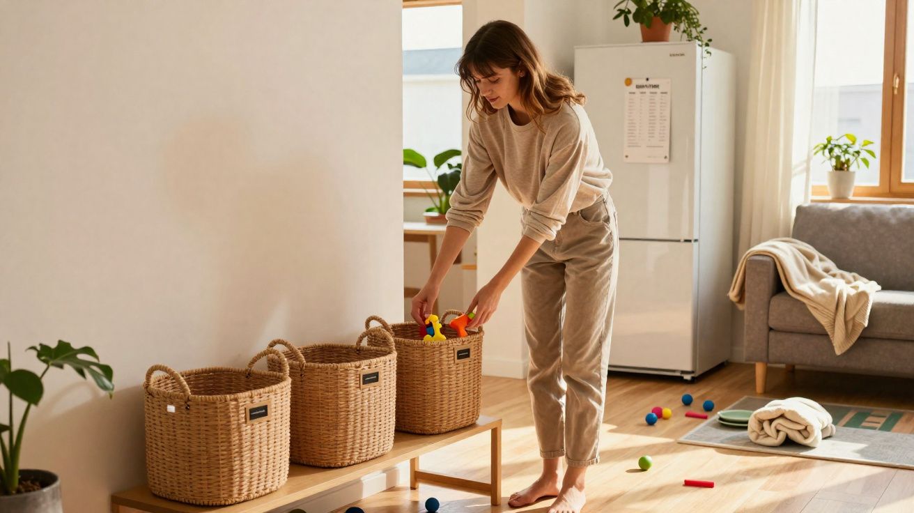 Mulher organizando brinquedos em cestos de vime em sala de estar iluminada e arrumada.