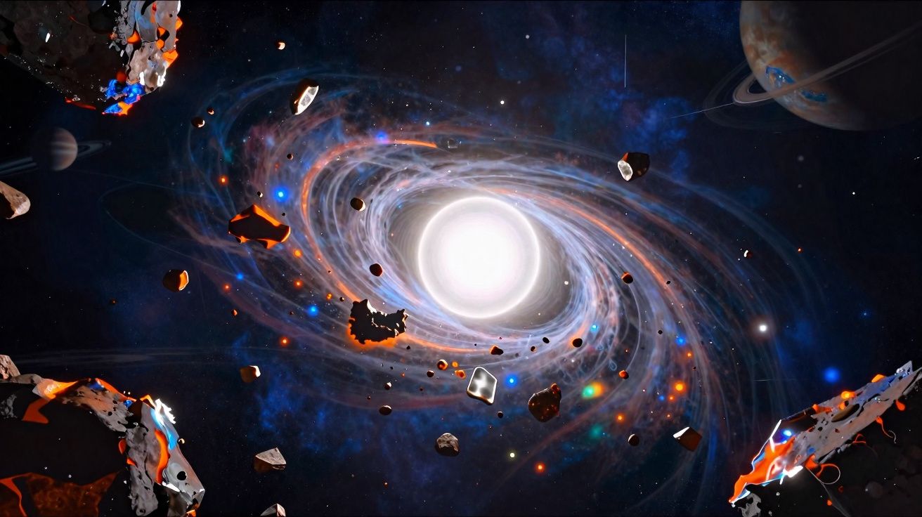 Galáxia espiral brilhante com planetas e asteroides flutuando no espaço escuro e estrelado.