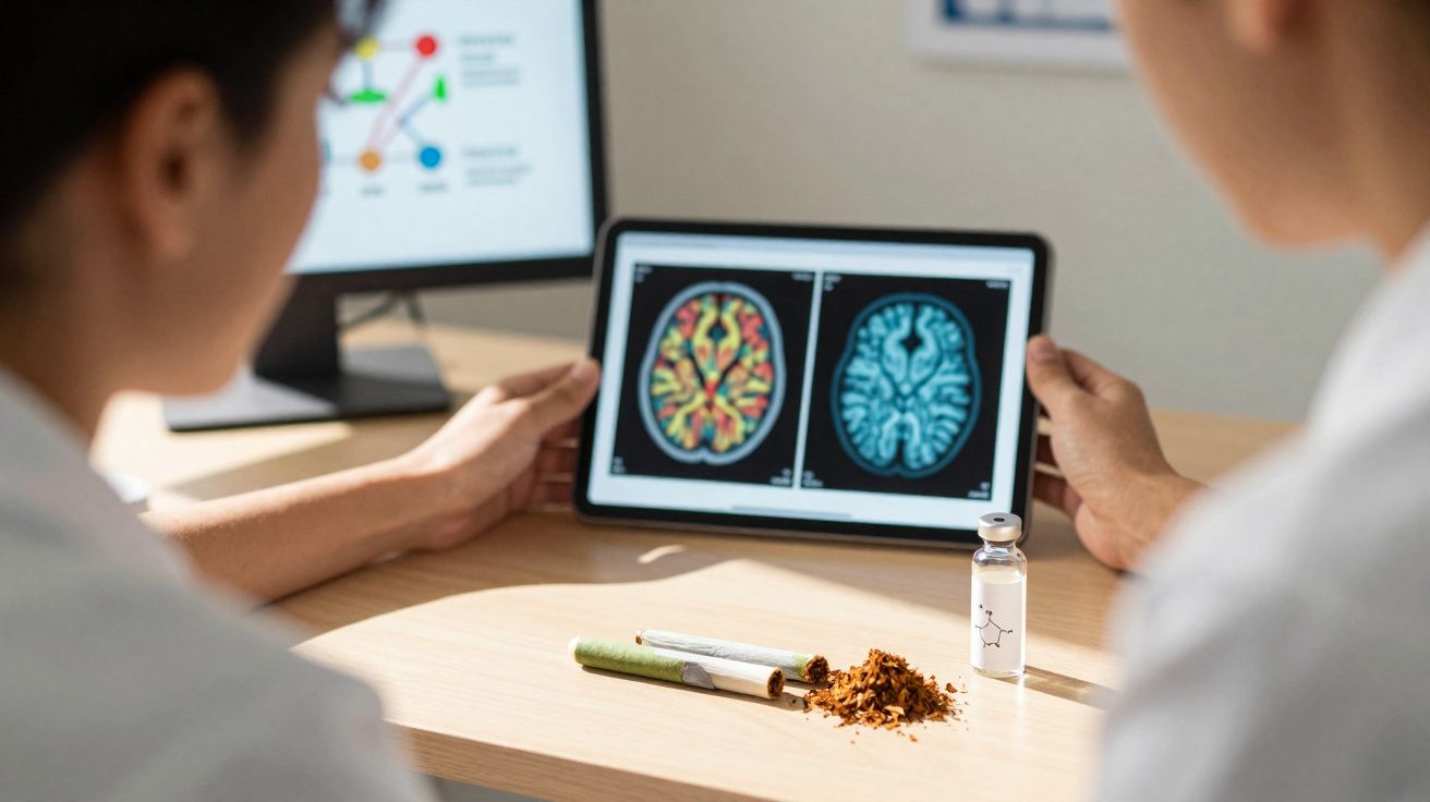 Duas pessoas analisam imagens cerebrais em tablet com cigarro, fumo solto e frasco com fórmula química na mesa.