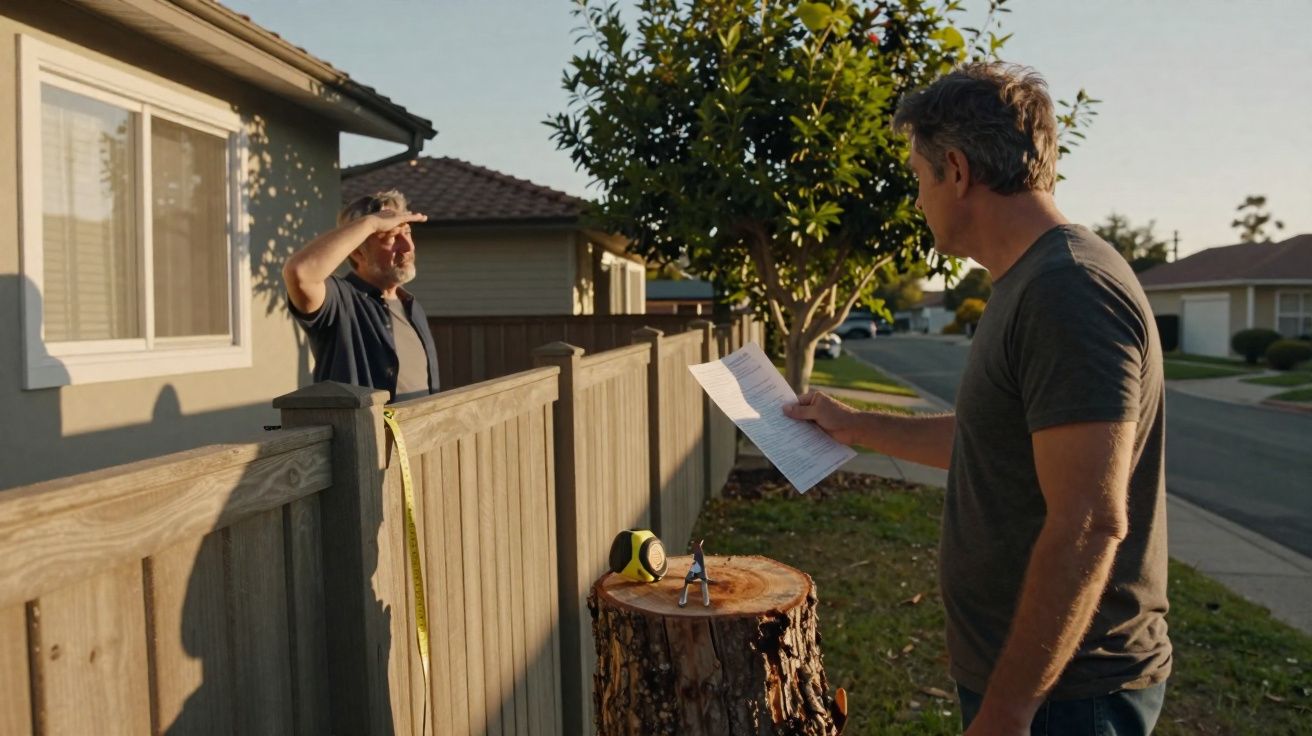 Dois homens conversando em frente a uma casa, separados por uma cerca de madeira, com fita métrica e papel na mão.