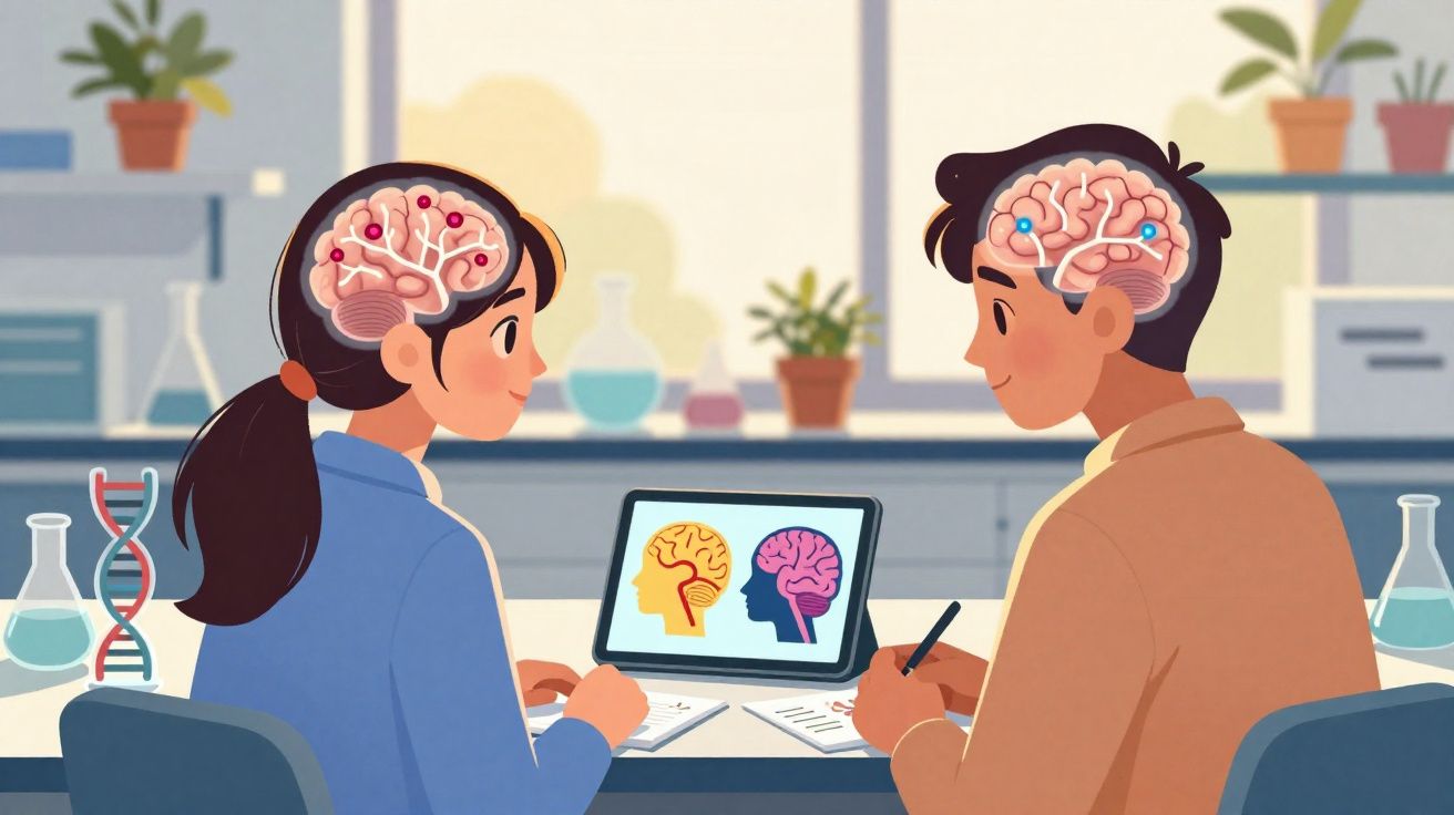 Ilustração de homem e mulher estudando cérebro, com cérebro destacado e tablet mostrando imagens cerebrais.