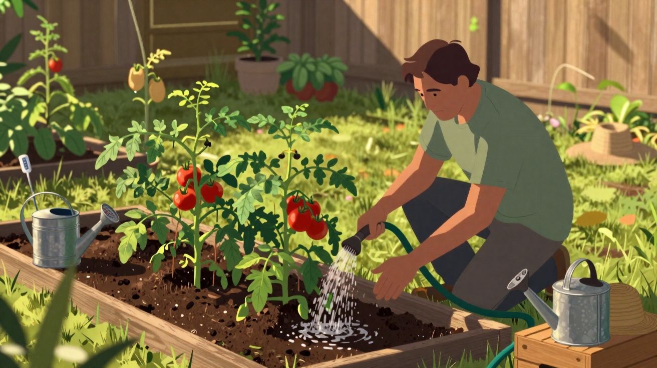 Homem regando plantas de tomate em um jardim com ferramentas de jardinagem ao redor.