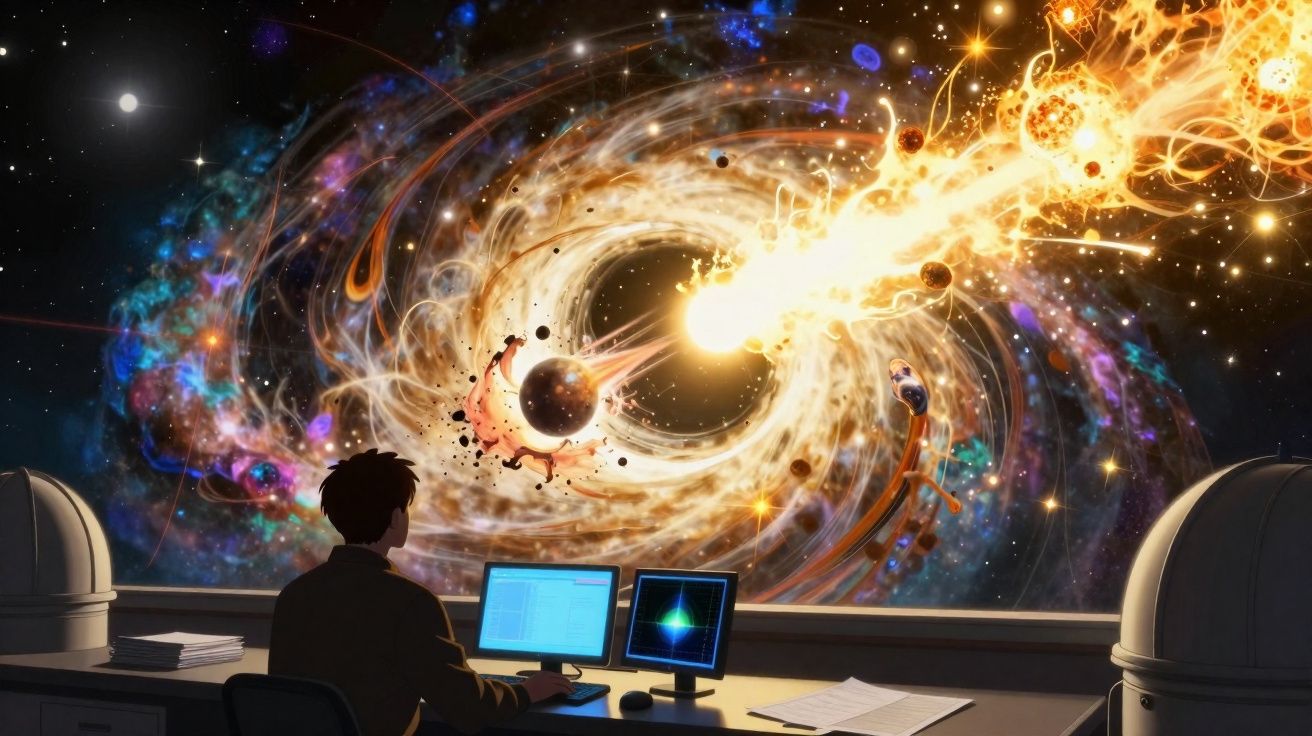 Pessoa observando imagens de computador que mostram uma explosão cósmica com planetas e estrelas brilhantes.