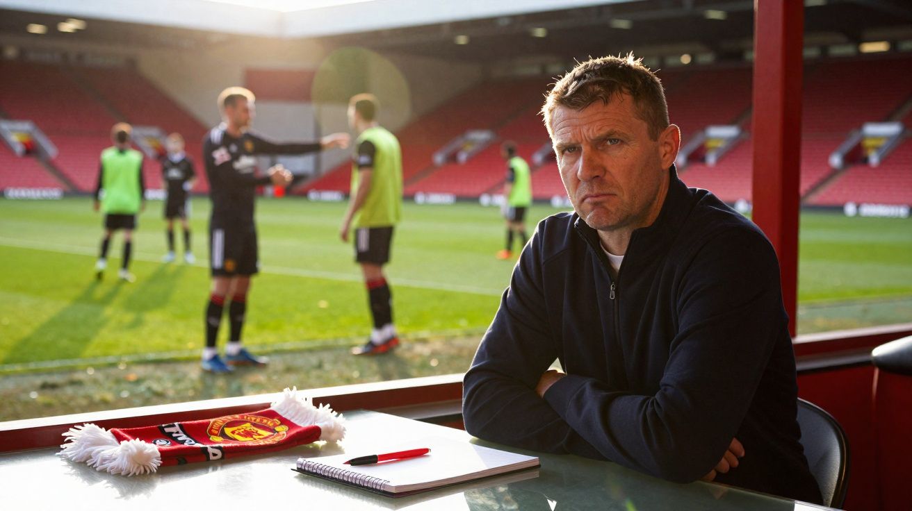 Homem sentado em mesa com caderno e cachecol do Manchester United, jogadores treinando em campo ao fundo.