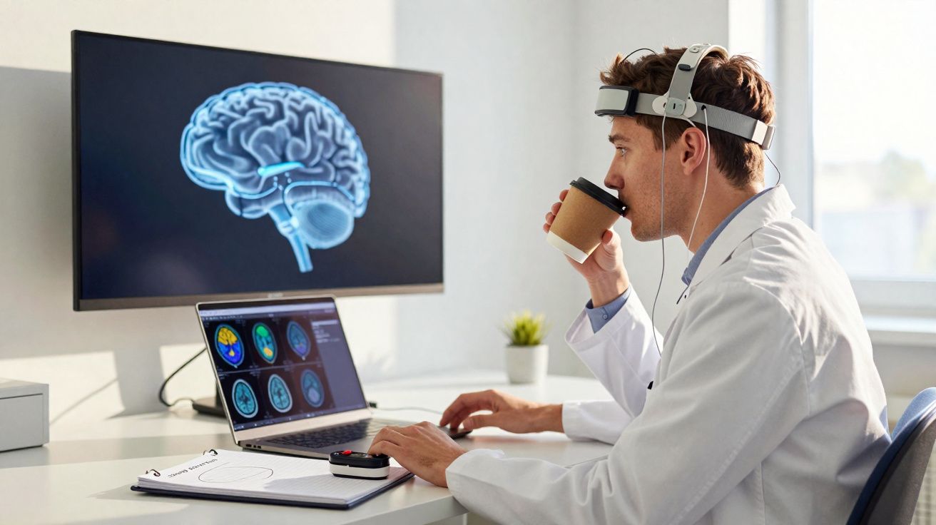 Homem com jaleco e fone na cabeça, bebendo café e analisando imagens cerebrais no computador.