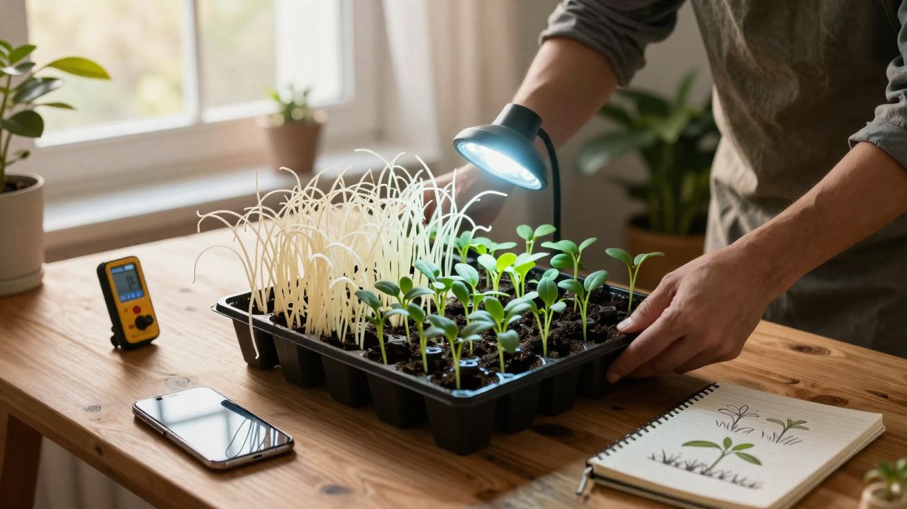 Pessoa cuidando de mudas em bandeja com lâmpada de crescimento em mesa de madeira iluminada pela janela.