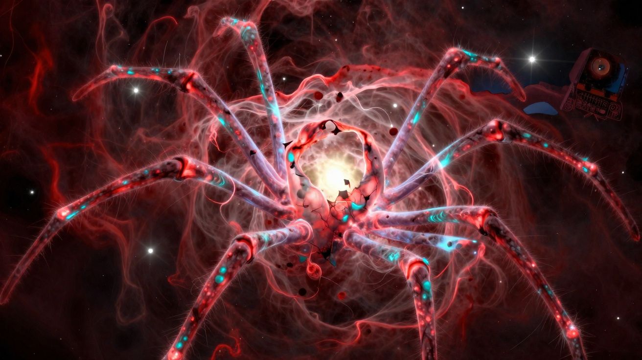 Ilustração de uma aranha futurista com efeitos luminosos vermelhos e azuis em fundo cósmico escuro.