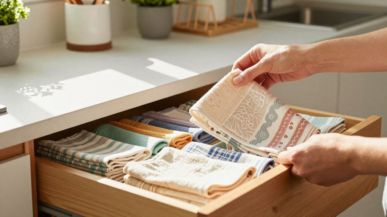 Mãos organizando panos de prato dobrados em gaveta de cozinha iluminada por luz natural.