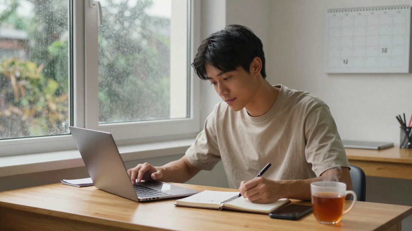 Homem jovem estudando e escrevendo em caderno com laptop e xícara de chá em mesa próxima à janela.