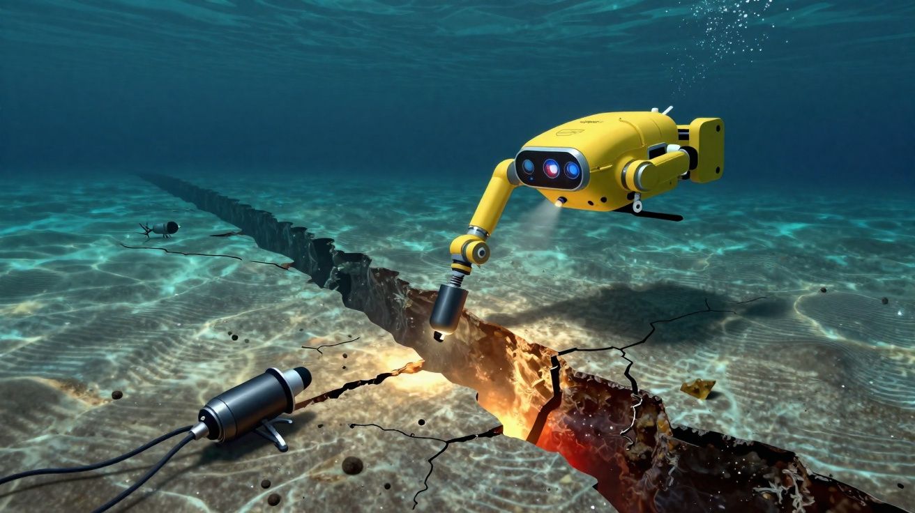 Robô submarino amarelo analisando fissura vulcânica no fundo do oceano.