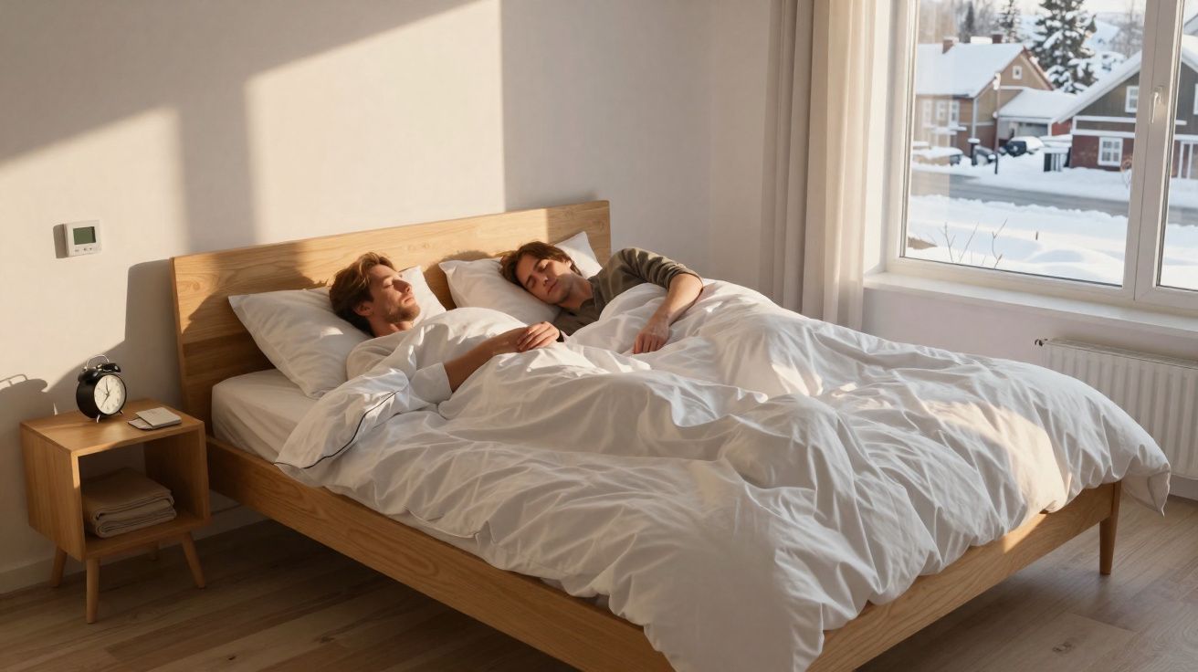 Casal dormindo em cama de madeira com cobertores brancos, quarto iluminado por luz natural e janela com vista para neve.