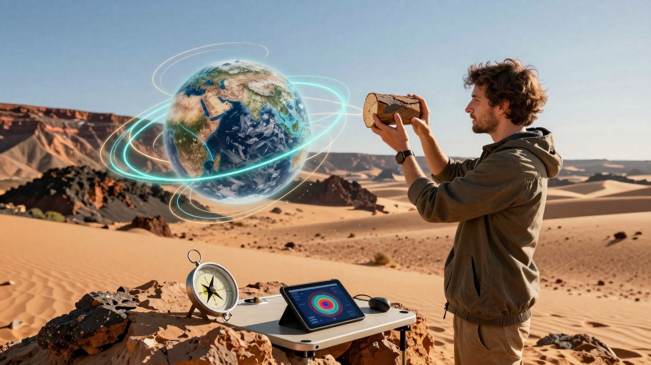 Homem no deserto segurando um objeto de madeira enquanto holograma terrestre flutua ao lado de uma mesa com bússola e tablet.