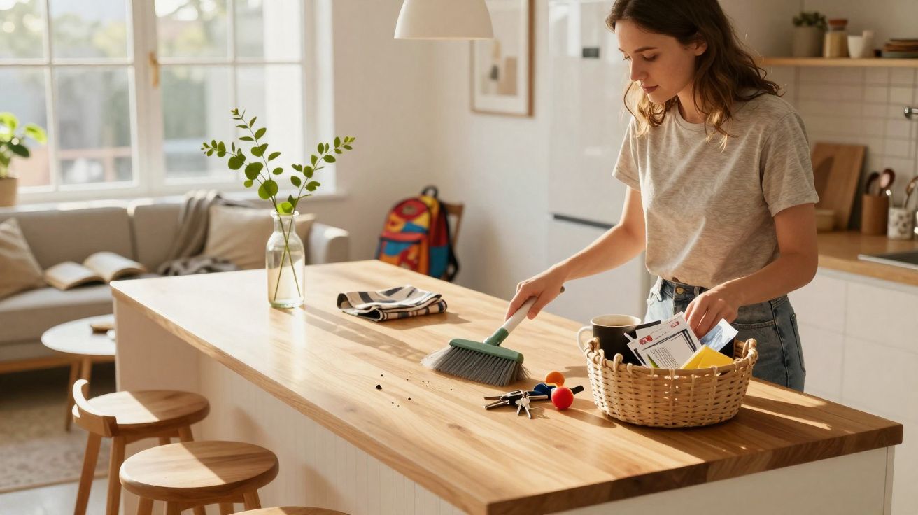Mulher jovem varrendo migalhas de uma mesa de madeira clara em cozinha bem iluminada.