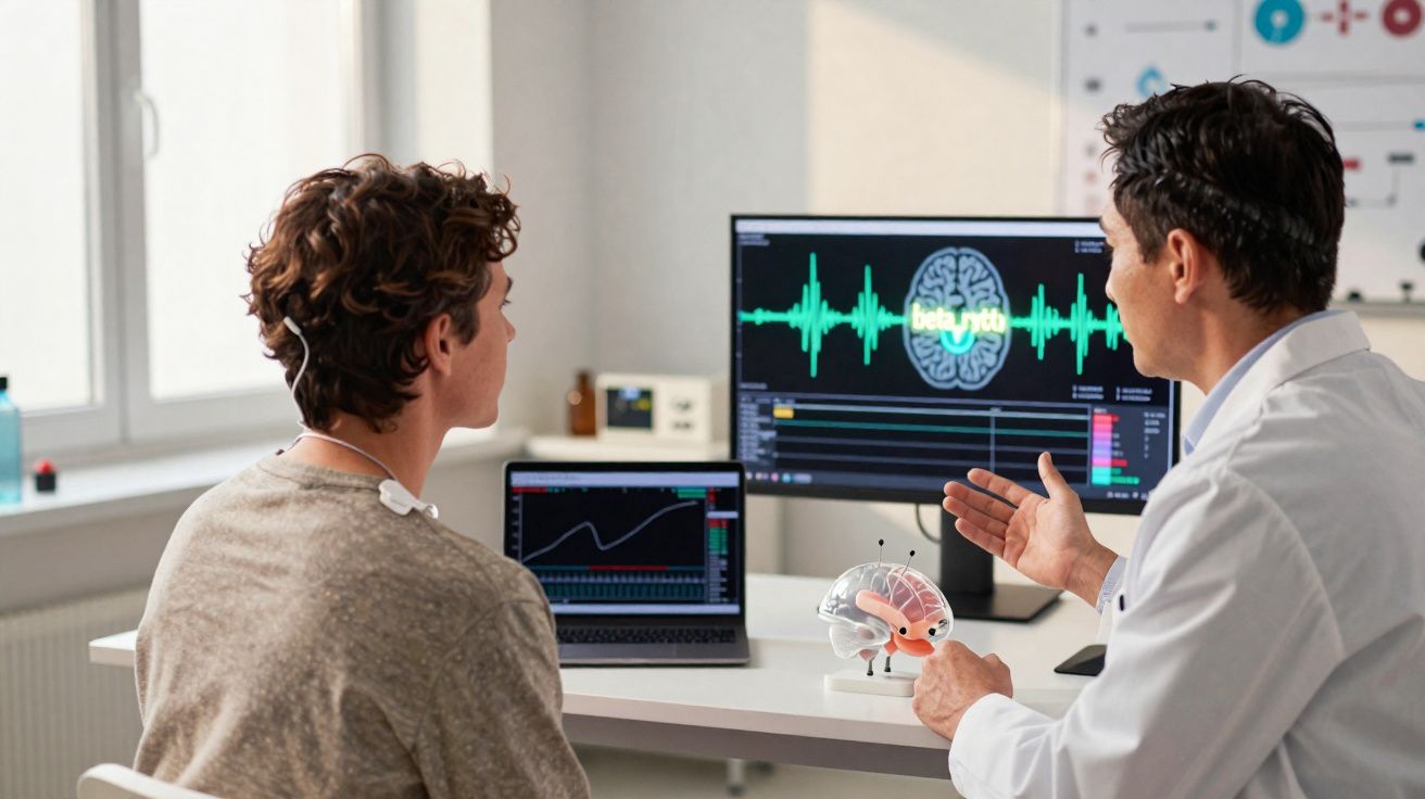 Paciente com eletrodos no cérebro conversa com neurologista que mostra modelo cerebral e exames em telas.