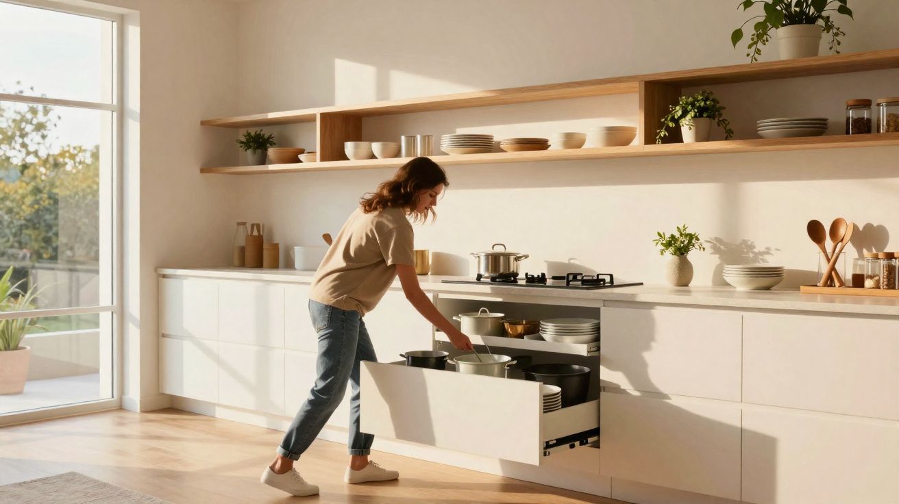 Mulher retirando panela de gaveta em cozinha moderna iluminada por luz natural.