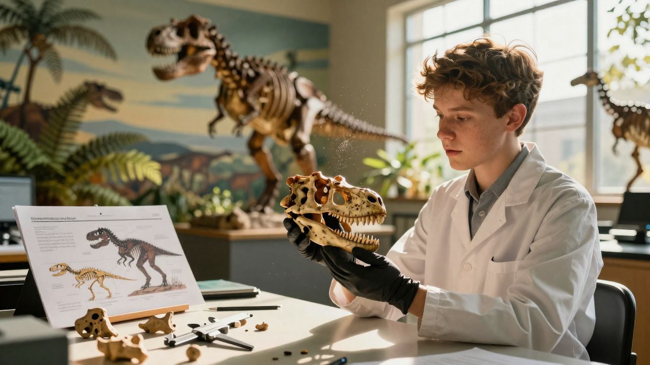 Jovem cientista analisa crânio de dinossauro em laboratório com esqueletos ao fundo.