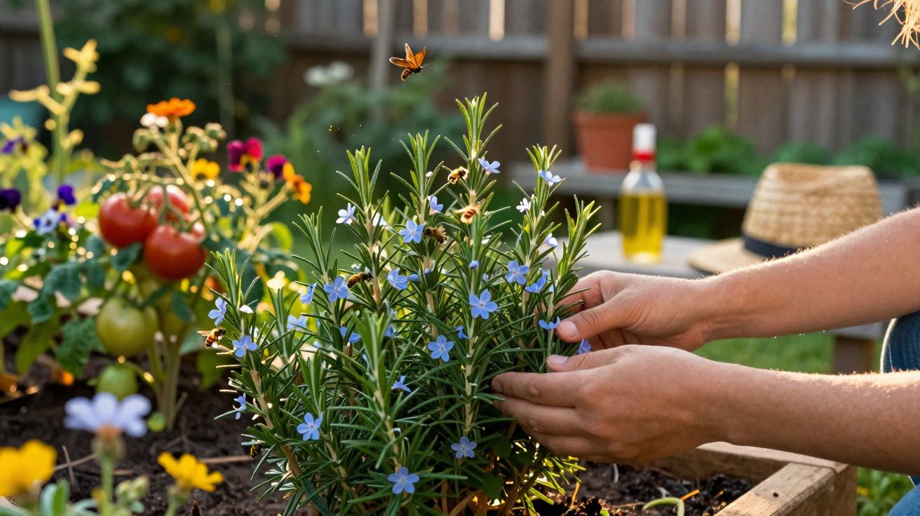 Mãos cuidando de planta com flores azuis em jardim com tomates e flores coloridas ao fundo.